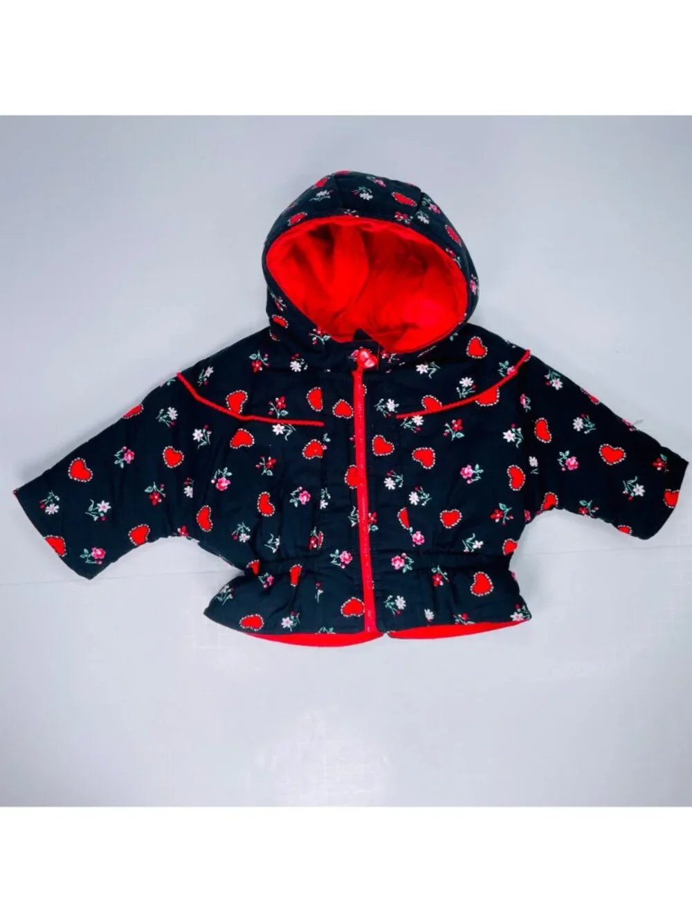 Vintage Baby Girls Black + Red Heart + Floral Print Winter Puffer Coat 12m